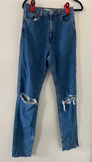 ASOS Denim High Rise Straight Leg Jeans 28 Tall Distressed Medium Wash Blue thumbnail 1