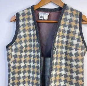 Vintage 60s 70s Patty Woodard Wool houndstooth Plaid Long mod Vest womens 10 S M thumbnail 2