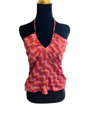Forever 21 NWT Women Groovy Pink Multi Halter V-Neck Tank Top Kidcore S Hippie thumbnail 1