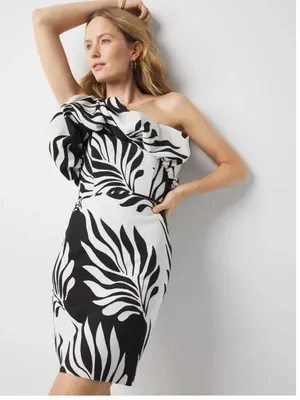 NWT $180 White House Black Market One-Shoulder Jacquard Dress Black White SZ-10 thumbnail 2
