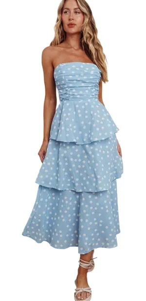 Indikah Lorcan strapless ruffle dotted midi white blue dress tie back‎ tiered XL thumbnail 1