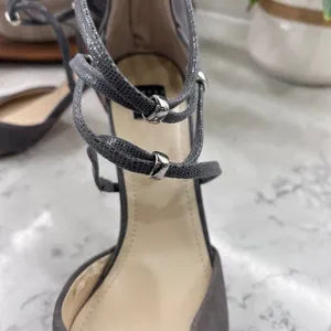 White House Black Market Grey Suede Strappy Pointed Toe Stiletto Heels Pumps thumbnail 5