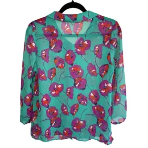 ModCloth Floral Blouse Size‎ Medium Peter Pan Collar Bow Chiffon Artsy Teacher thumbnail 8