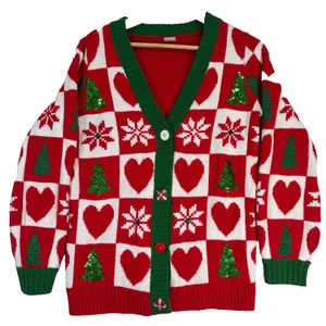 Ugly Christmas Holiday Sweater Button‎ Up Cardigan Red Sequin Trees Sz S (4-6) thumbnail 1