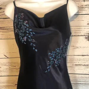 Y2K Alex Evenings navy beaded slip cowl neck floral satin formal Gown small thumbnail 17