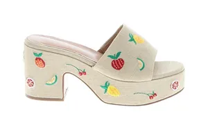 Beige Linen Fruit Embroidered Platform Mule Sandals Chunky Block Heel Y2K 11 thumbnail 1