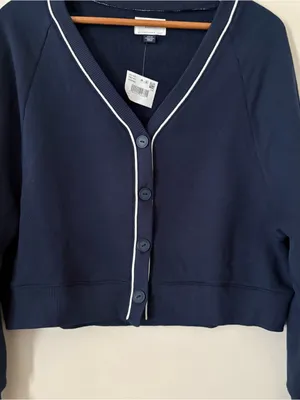 American Eagle Navy Cropped Cardigan Sweater White Trim Button Front Preppy S thumbnail 4
