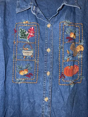Vintage 90s Denim Shirt Pumpkin Embroidered Jean Shirt cottagecore granny teach thumbnail 3
