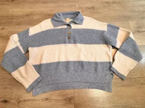 Ultra Flirt Striped Knit Polo‎ Sweater Blue Cream Womens XLarge XL thumbnail 1