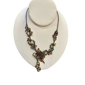 Brass-Tone Multi Color Rhinestone Butterfly Flower Charm Necklace thumbnail 6