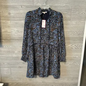Joy Joy Women Animal Print Blue Tie Neck Long Sleeve Tiered Dress XS‎ thumbnail 2