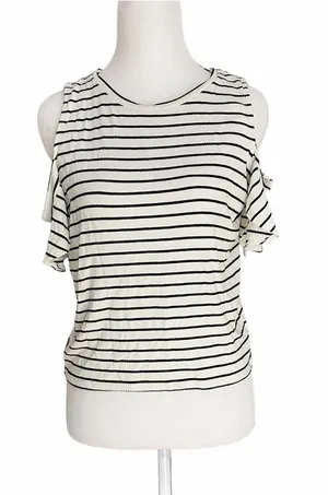 American Eagle Top Shirt‎ Cold Shoulder Size Large Ribbed Stripes Black White thumbnail 1