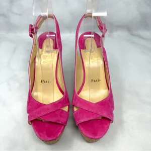 Christian Louboutin Reine De Liege Suede Cork Platform Wedge Slingback Sandal 37 thumbnail 3