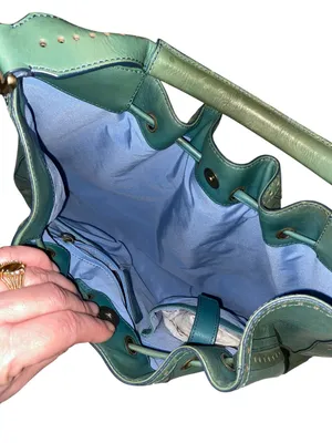 Y2K Vintage Cole Haan Teal Leather Drawstring brass studded Hobo Bag Boho fairy thumbnail 7