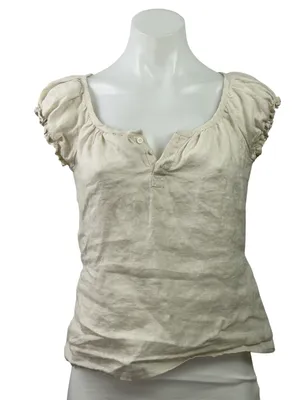 Brandy Melville Beige 100% Linen Short Sleeve Tie Back Henley Blouse Top Size M thumbnail 1