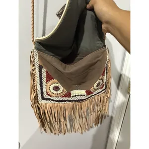 ibBan Anthropologie Beaded Boho Hobo Tote Shoulder Fringe Western Bag P thumbnail 8