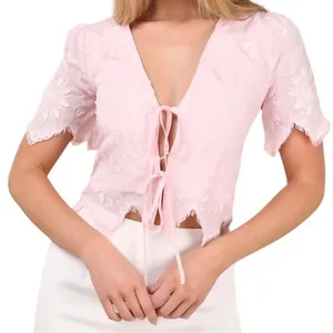 Lulus NWT Pink Floral Embroidered Tie Front Crop Top Scallop Hem Size Medium thumbnail 1