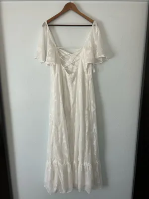 White Floral Maxi Dress w Sheer Short Sleeves Sweetheart Neckline Lace up back thumbnail 3