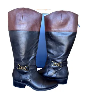 Lauren Ralph Lauren Menna W Leather Wide Calf Riding Boots Black Brown 7.5B thumbnail 1
