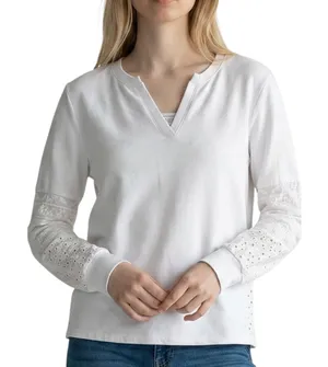 Tribal‎ Womens White Eyelet Lace Sleeve Split V-Neck French Terry Sweatshirt XS thumbnail 1