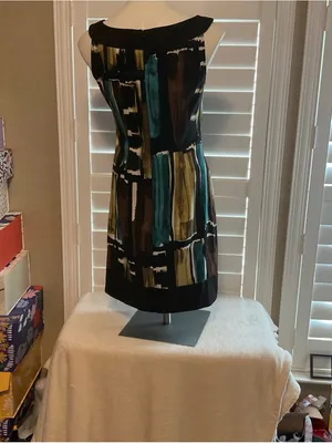 dressbarn Black Mini Dress with Teal and Olive Abstract Blocks thumbnail 3