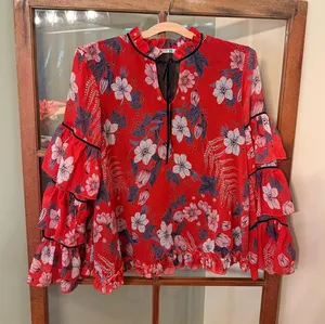 Given Kale Red Floral Blouse with Layered Ruffled Sleeves thumbnail 1