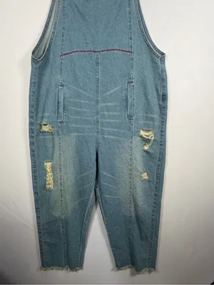 Women’s Denim Overalls Size M Light Wash Distressed Cropped Baggy Utility thumbnail 4