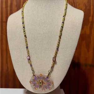 ✨ Handmade Beaded Necklace with Purple Gold and Bronze Polymer Clay Pendant ✨ thumbnail 4