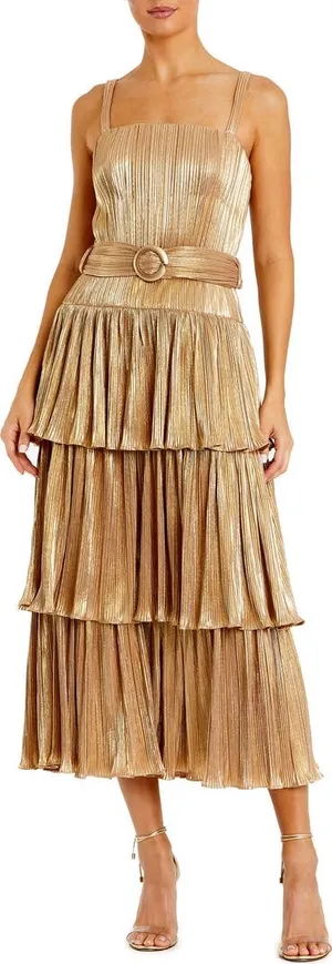 MAC DUGGAL Gold Metallic Plissé Square Neck Pleated Ruffle Belt Detail Dress 8 thumbnail 1