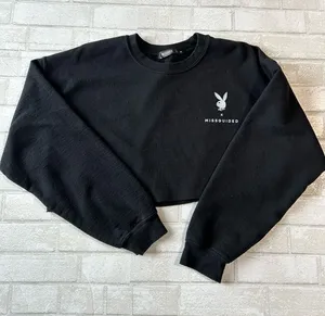 Missguided Black Cropped Crew Sweatshirt with White Logo thumbnail 1
