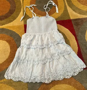 American Eagle Light Blue Eyelet Ruffle Smocked Tie Sleeve Mini Dress Medium thumbnail 1