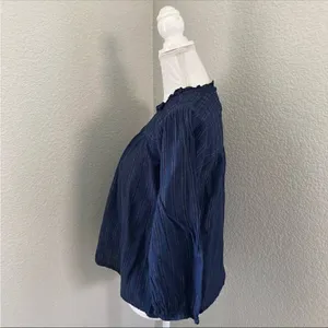 Anthropologie Maeve Navy Striped Long Sleeve Keyhole Back Pleated Blouse Size M thumbnail 2