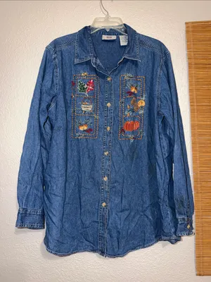Vintage 90s Denim Shirt Pumpkin Embroidered Jean Shirt cottagecore granny teach thumbnail 1