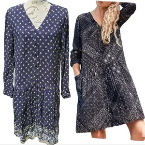 Garnet Hill Women's Dropwaist Button-Up Dress Long‎ Sleeve Boho Navy Floral 6 thumbnail 2