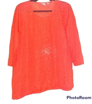 Chico’s Coral Red Orange Semi Sheer Asymmetric Hem Top 3 XL 16 EUC thumbnail 1