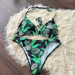 3 Piece Green Jungle Tropical Swim Set Bikini & Sheer Cover Up L thumbnail 7