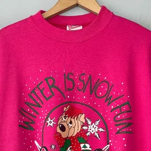 Vintage 90s Hanes Winter Christmas Sweatshirt Size XL Pink Dog Snow Fun Novelty thumbnail 3