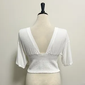 Free People Movement White Smocking Hot Wide Neck Open Back Short Sleeve Top New thumbnail 4