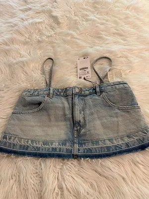 ZARA Light Blue Denim Mini Shirt with Straps size S brand new length 10” thumbnail 4