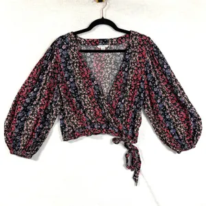 American Eagle M Floral Wrap Crop Top Patchwork Print Balloon Sleeve Cottagecore thumbnail 5