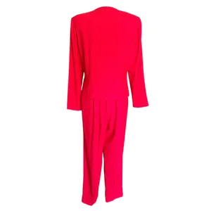 Vintage Red 2 Piece Pant Suit‎ Asymmetrical Button Blazer Pleated Trousers 1980s thumbnail 6