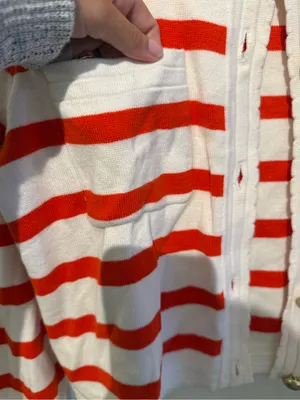 Red & White Striped Button-Front Women's Sweater Cardigan thumbnail 3
