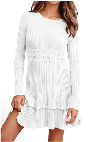 NEW Long Sleeve Sweater Dress Ribbed Knit Crewneck A Line L thumbnail 1