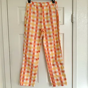 Free People She's All That Printed Checker Pants Orange‎ Yellow White 4 High Rise thumbnail 5