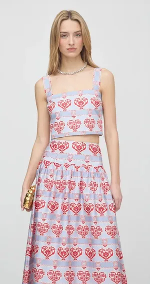 Hill House The Clara Boxy Crop Square Neck Top in Poppy Damask Stripe Size Large thumbnail 1