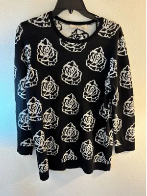 LOFT Ann Taylor Black White Rose Floral Wool Blend Sweater Large 357789 thumbnail 1