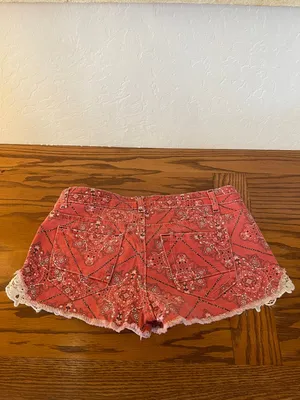 Vanilla Star Coral Red Bandana Print Denim Shorts with Lace Trim thumbnail 6
