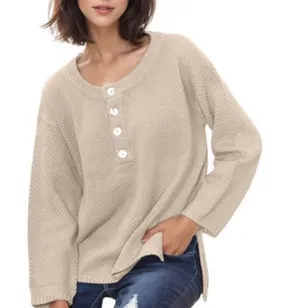 Women’s Half Button Down Sweater from Anna-Kaci L Oatmeal Beige Tan Oversized thumbnail 1
