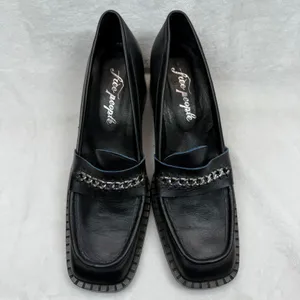 Free People Hayden Black Leather‎ Heeled Loafers Chain Accent Size 41 US 10 thumbnail 2