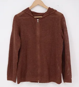Unbranded Hoodie Women M Open Knit Brown Mesh Zip Up Lightweight Excellent thumbnail 1